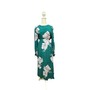 M&S Autograph Cupro Viscose Palm Print Midi Dress Green Tie Waist US 10